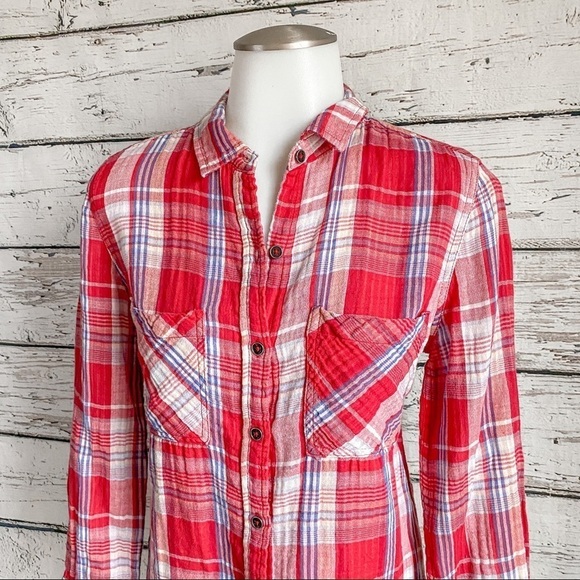 Red plaid Seven7 button down top - Picture 2 of 6